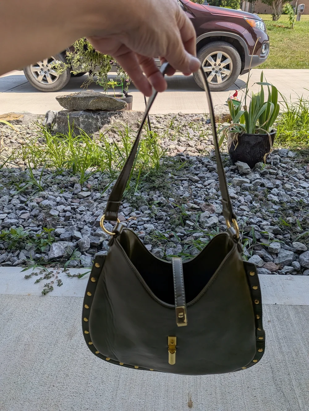 Vintage Olive Green Hobo Shoulder Bag - With Gold Turn Lock And Studs